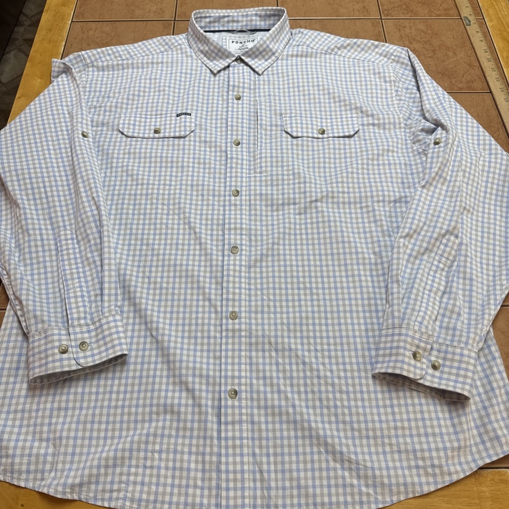 Poncho Western Fishing Shirt Mens XXL Regular Fit Blue Gray Gingham Pearl Snap